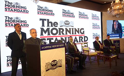 Former President Pranab Mukherjee launches The Morning Standard in New Delhi on Sunday. (From L) TNIE Editor G S Vasu, Chairman Manoj Kumar Sonthalia, Editorial Director Prabhu Chawla and Delhi Resident Editor Khogen Singh | Shekhar Yadav