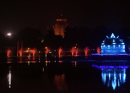Trial of water fountain, light and sound show at Bindu Sagar in Bhubaneswar. (Photo | Biswanath Swain/EPS)