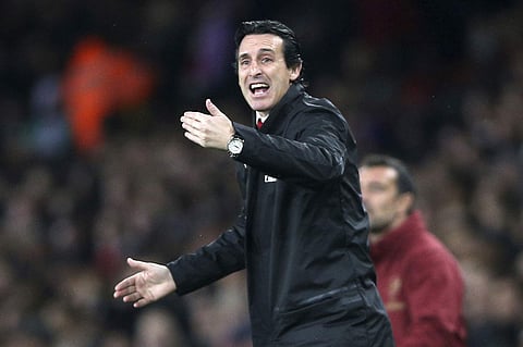 Arsenal manager Unai Emery gestures, during the English League Cup 4th round soccer match between Arsenal and Blackpool, at the emirates Stadium, in London. (Photo | AP)