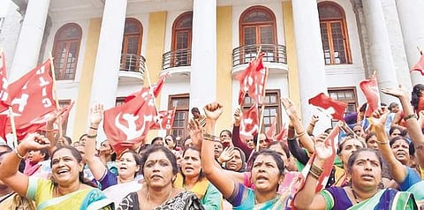 Earlier this year, members of Karnataka Rajya Anganawadi Workers Association protested for their demands at Town Hall