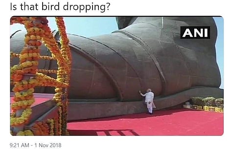 Divya Spandana shared a picture of Prime Minister Narendra Modi, dressed in a white kurta, at the foot of the Sardar Patel ‘Statue of Unity’, with the caption, ‘Is that bird dropping’ on microblogging site Twitter.