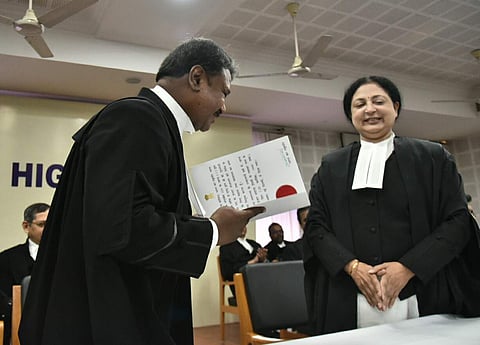 Madras High Court chief justiceV.K. Tahilramani administers oath as Judge to Pugalendi at a programme held on Tuesday in Chennai (Photo | EPS/P Jawahar)
