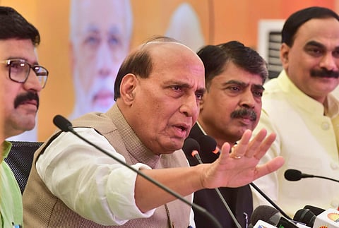 Union Home Minister Rajnath Singh addresses a press conference in Bhopal on Wednesday. (Photo | PTI)