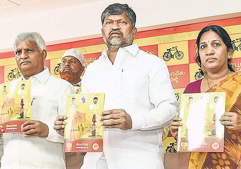 Telangana TDP president L Ramana releases his party’s manifesto at NTR Trust Bhavan on Wednesday | Express