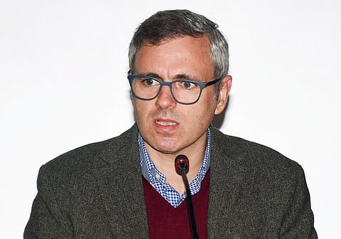 Former chief minister and National Conference vice-president Omar Abdullah addresses a press conference in Srinagar Thursday. (Photo | PTI)