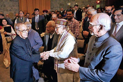 Ex-president Pranab Mukherjee, senior BJP leader Murli Manohar Joshi and former vice-president Hamid Ansari at the inauguration of a conference | Shekhar yadav