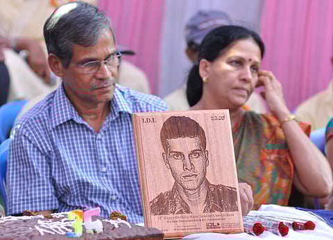 A file photo of Late Major Sandeep Unnikrishnan, his parents at his home at ISRO colony in Bengaluru. (Photo | EPS)