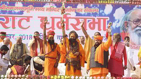 Seers preside over at VHP's 'Dharma Sabha' in Ayodhya. (Photo | Shekhar Yadav/EPS)