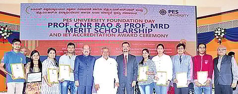 Minister G T Devegowda at the PES University foundation day ceremony where students were given scholarships, in Bengaluru on Saturday