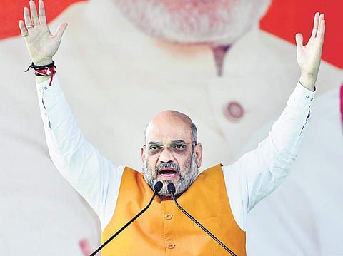 BJP chief Amit Shah at his public meeting in Warangal on Sunday | Express