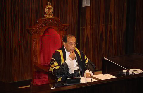 Sri Lankan Speaker Karu Jayasuriya conducts parliament in Colombo. (Photo|AP)