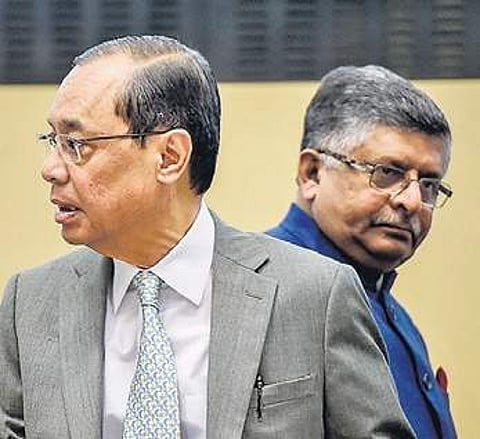 CJI Ranjan Gogoi with law minister Ravi Shankar Prasad in Delhi on Monday | pti