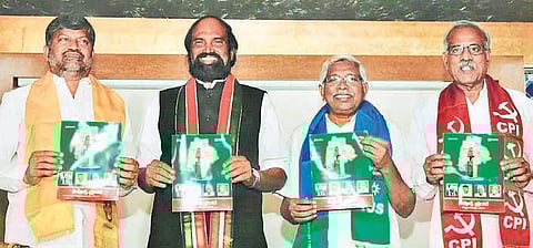 The Common Minimum Program of People’s Front is being released on Monday. TPCC chief N Uttam Kumar Reddy, TTDP chief L Ramana, TJS chief Kodandaram are seen in the photograph | Express