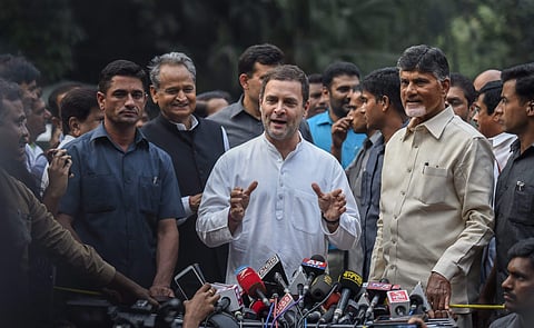 Congress President Rahul Gandhi along with Andhra Pradesh Chief Minister N Chandrababu Naidu addresses the media outside his residence at Tughlak Road in New Delhi. (File|PTI)