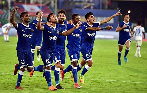 Chennaiyin FC players celebrating after scoring a goal. (File | PTI)