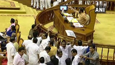 Congress MLAs protest in the well of Kerala Assembly over Sabarimala issue. (Photo | ANI)
