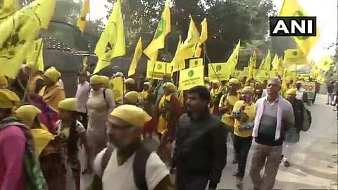 Farmers demand better MSP and implementation of MS Swaminathan Committee report. (Photo: Twitter/ANI)