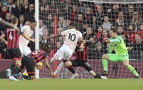 Manchester United's Marcus Rashford scores his side's second goal during the English Premier League match against Bournemouth | AP