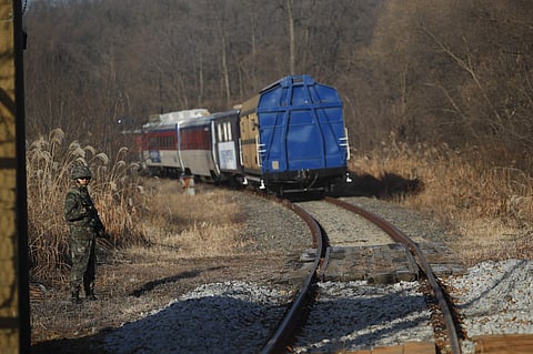 A South Korean train transporting dozens of South Korean officials runs on the rails which leads to North Korea, inside the demilitarized zone separating the two Koreas in Paju, South Korea Friday, Nov. 30, 2018. (Photo | AP)