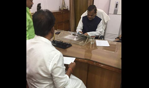 Former Union Minister Dilip Ray tendering resignation of his seat in the Odisha Assembly from Rourkela constituency. (Photo | Twitter)
