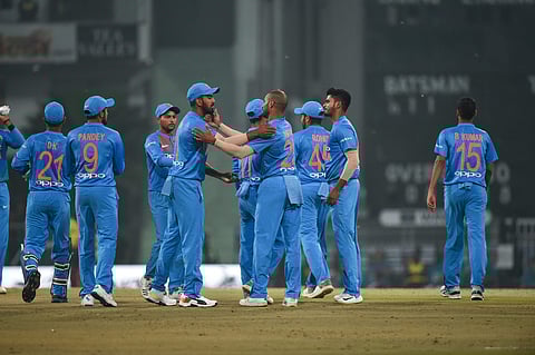 Indian players celebrate the dismissal of a West Indies batsman during the 2nd T20I cricket match at Bharat Ratna Atal Bihari Vajpayee International Cricket Stadium in Lucknow. (Photo | PTI)