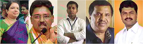 (LR) Anitha Kumaraswamy of the JD(S) won Ramanagaram; Congress’ VS Ugrappa won Ballari; INC's Anand Nayamagouda won Jamkhandi; JD(S)’s LR Shivaramegowda won Mandya and BJP’s BY Raghavendra won Shivamogga.