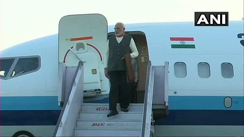 Prime Minister Narendra Modi arrives in Dehradun; he will celebrate the festival of Diwali in Kedarnath. (Photo: Twitter / ANI)