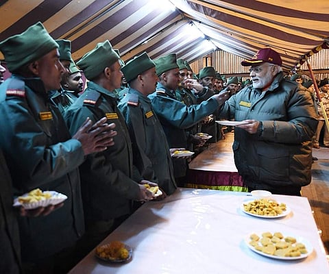 PM Modi celebrates Diwali with ITBP personnel at Harsil in Uttarakhand. (Photo: Twitter / @narendramodi )