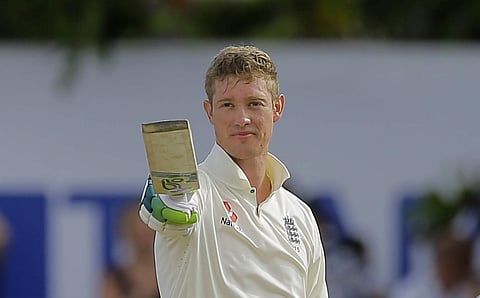 England's Keaton Jennings celebrates scoring a century during the third day of the first test cricket match between Sri Lanka and England in Galle, Sri Lanka. (Photo | AP)