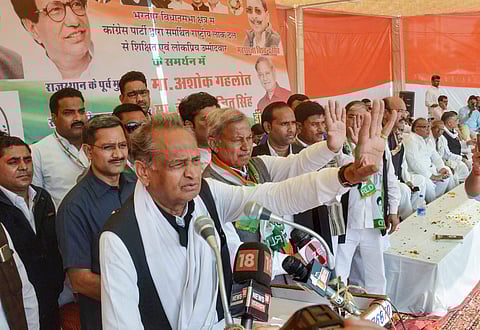 Bharatpur Former Rajasthan chief minister and Congress General Secretary Ashok Gehlot addresses an election campaign in Bharatpur Friday Nov. 30 2018. (Photo | PTI)