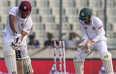Shakib struck in the very first over when he flummoxed West Indies skipper Kraigg Brathwaite with inward delivery. (Photo | Twitter/ICC)