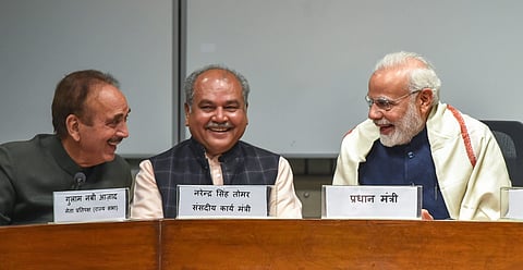 New Delhi Prime Minister Narendra Modi Union Minister Narendra Singh Tomar and Congress Party leader Ghulam Nabi Azad at an all-party meeting ahead of the Winter Session of Parliament in New Delhi Monday Dec.10 2018. (Photo | PTI)