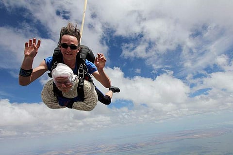 This handout taken on December 9, 2018 and released by SA Skydiving shows 102-year-old great-grandmother Irene O’Shea during her skydive tandem jump over Wellington in South Australia. (Photo | AFP)