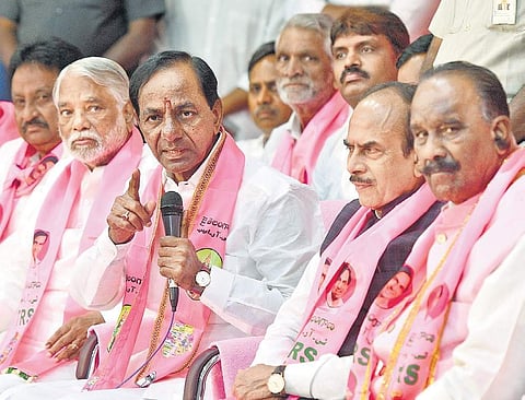 TRS chief K Chandrasekhar Rao addresses press after a TRSLP meeting | Express