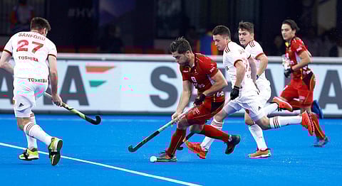 The Belgium players, who wore black armbands to pay respect to their teammate Gougnard whose father passed away before the match, dominated possession in the first two quarters. (Photo | Twitter/Hockey India)
