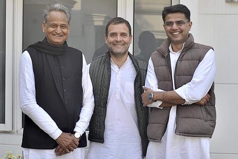 Rahul Gandhi with Ashok Gehlot and Sachin Pilot (Photo|Twitter)