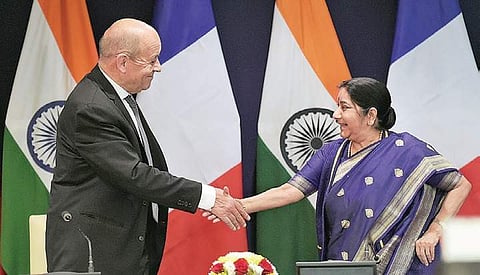 External Affairs Minister Sushma Swaraj and Minister of Europe and Foreign Affairs of France, Jean-Yves Le Drian, shake hands after a joint Press meet in Delhi | PTI