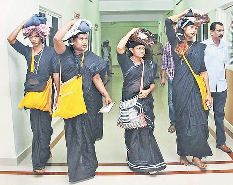 The transgender pilgrims, who were prevented from visiting Sabarimala at Erumeli, coming out of Kottayam SP’s office after lodging a complaint before the SP on Sunday | Vishnu Prathap