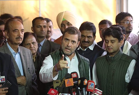 Congress President Rahul Gandhi addresses the media as party MP Jyotiraditya Scindia looks on during the Winter Session of Parliament in New Delhi. (Photo| Shekhar Yadav/EPS)