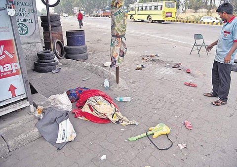 The spot where a truck ran over a 14-year-old boy and a woman on Bengaluru-Tumakuru road on Sunday | Nagaraja Gadekal