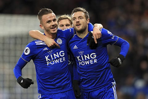 Leicester City's Jamie Vardy (R) celebrates scoring his side's first goal against Watford FC with team-mate James Maddison | AP