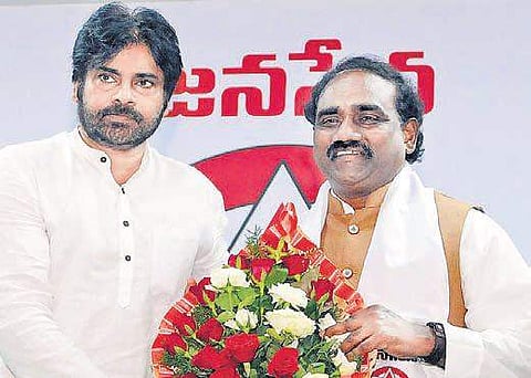 Jana Sena chief Pawan Kalyan welcoming former TDP minister Ravela Kishore Babu into the party fold in Vijayawada on Saturday | Express
