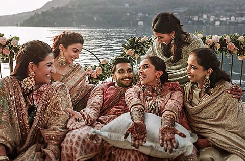 Bollywood actors Deepika Padukone and Ranveer Singh with family members during their mehendi ceremony at Lake Como in northern Italy. (Photo | PTI)