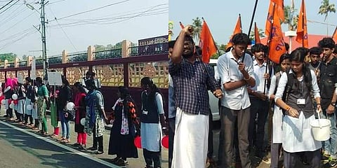 From left: Girls forming wall outside the college, ABVP sprinkles cow dung water (Facebook Photos)
