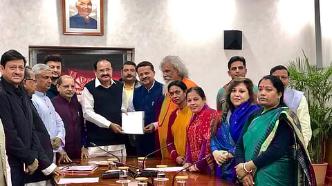 Vice President M Venkaiah Naidu Receiving a representation from the Members of Parliament from Biju Janata Dal passing Women Reservation Bill in Parliament. (Photo| Twitter/ Vice President of India)
