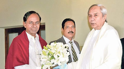 Telangana Chief Minister K Chandrashekar Rao being greeted by Chief Minister Naveen Patnaik at Naveen Niwas in Bhubaneswar on Sunday | Biswanath Swain