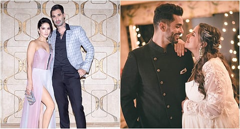 Sunny Leone and Daniel Weber (Left) and Neha Dhupia and Angad Bedi (right) (Photo | Twitter)