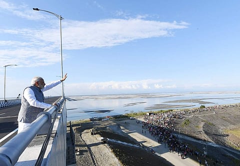 PM Modi dedicated the Bogibeel Bridge in Assam to the nation on 25 December 2018. (Photo | PIB India)