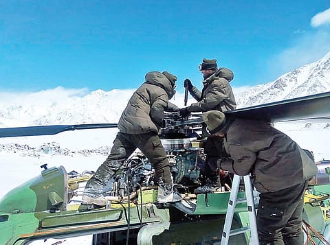 In an unprecedented first, a helicopter that crashed in Siachen glacier, was repaired and flown back to the Siachen Base Camp, creating a world record. (Photo | PTI)