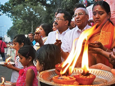 BJP state president P S Sreedharan Pillai, O Rajagopal MLA and state general secretary Sobha Surendran participate in the Ayyappa Jyothi in T’Puram | B P Deepu